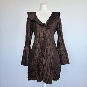 Desert Casual Coat Jacket Womens Medium Brown Ruffle Crinkle Taffeta Belted